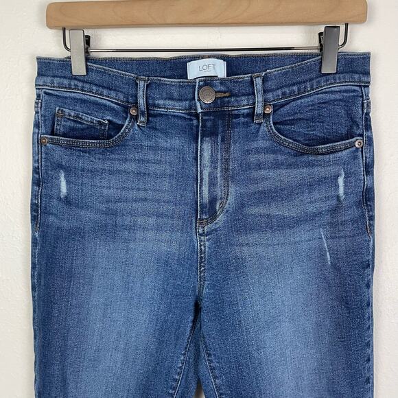 LOFT | High Rise Straight Cropped Lightly Distressed Dark Wash Jeans - Picture 2 of 6